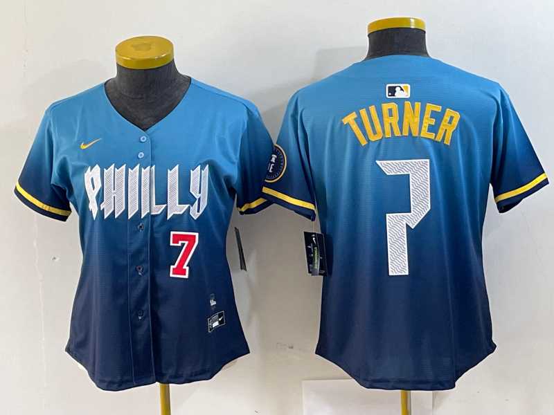 Womens Philadelphia Phillies #7 Trea Turner Number Blue 2024 City Connect Limited Stitched Jersey->mlb womens jerseys->MLB Jersey